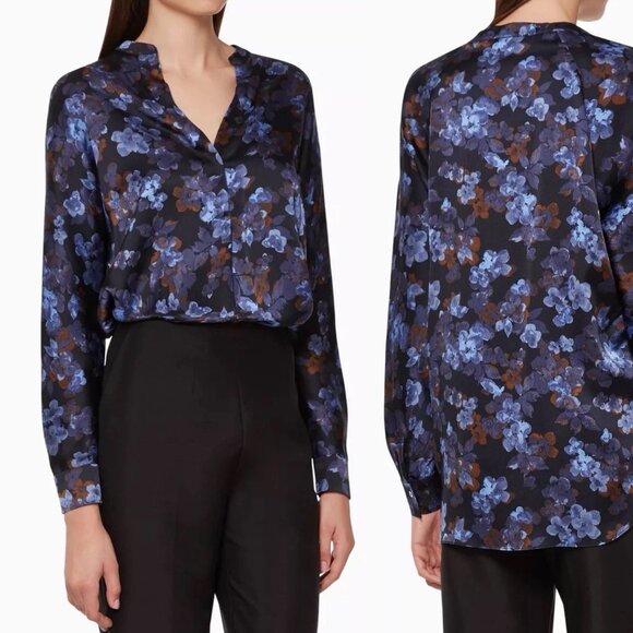 VINCE Plumeria Blooms Popover Silk Satin Floral Tunic Blouse \\ M - Picture 1 of 10